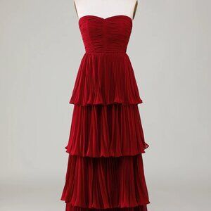 Strapless Tiered Burgundy Long Dress
